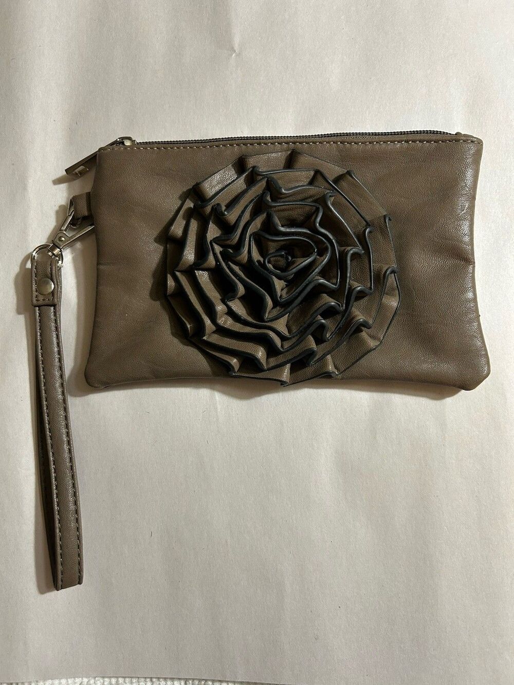 Taupe Faux Leather Wristlet Clutch Large Rosette Flower Zip Pouch Wallet